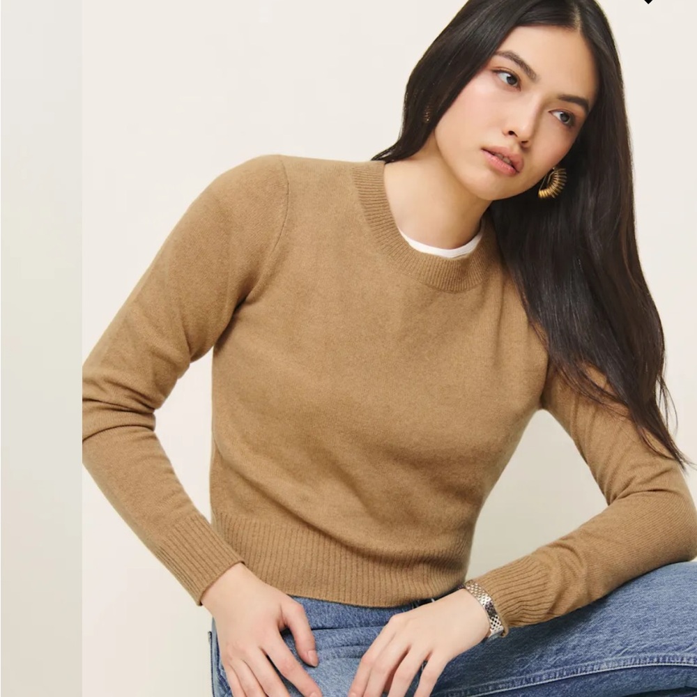 Reformation Dana Cashmere Crewneck Sweater Women's XS Tan Cropped Short Preppy